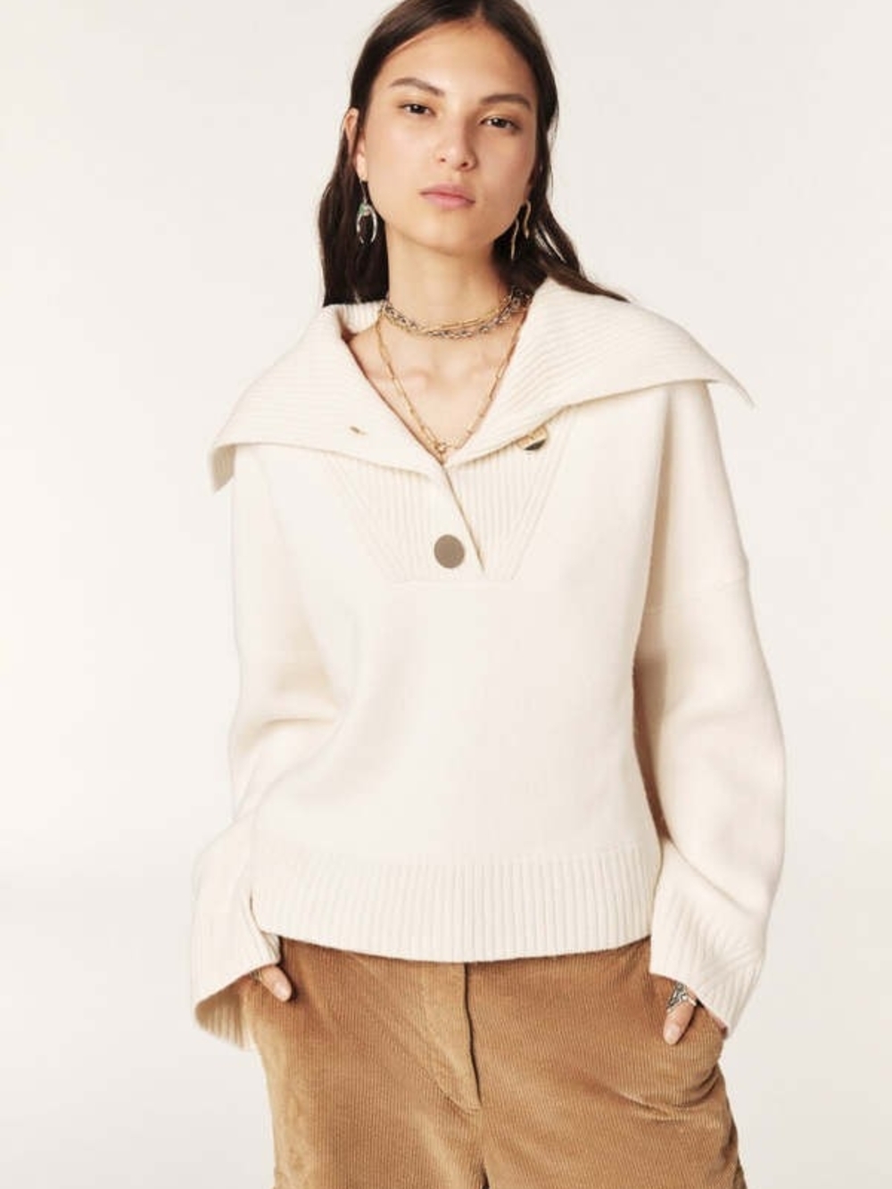 ba&sh Cream Wide-Sailor Collar Ribbed Pullover